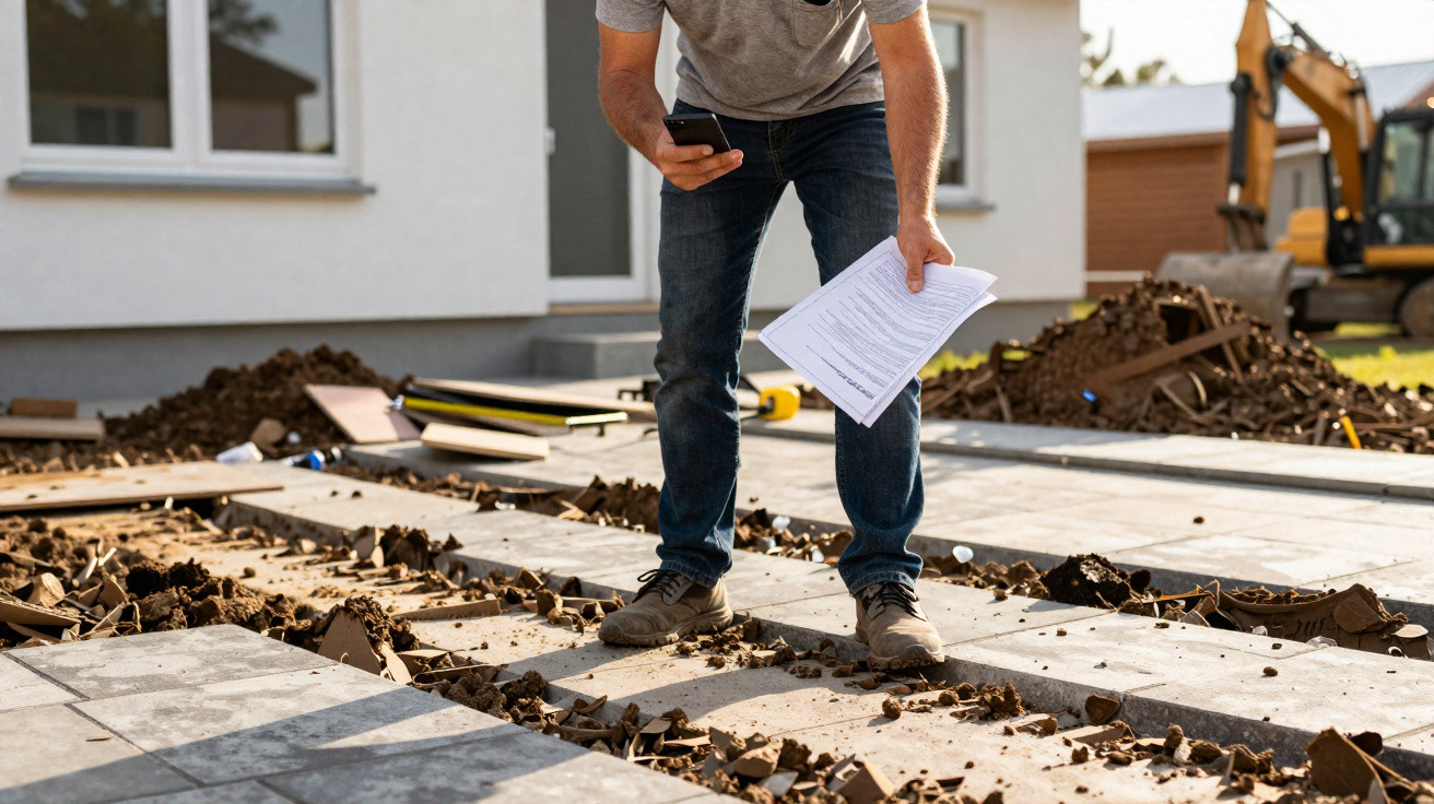 Person inspecting broken paving stones outside a house, holding documents and a smartphone.