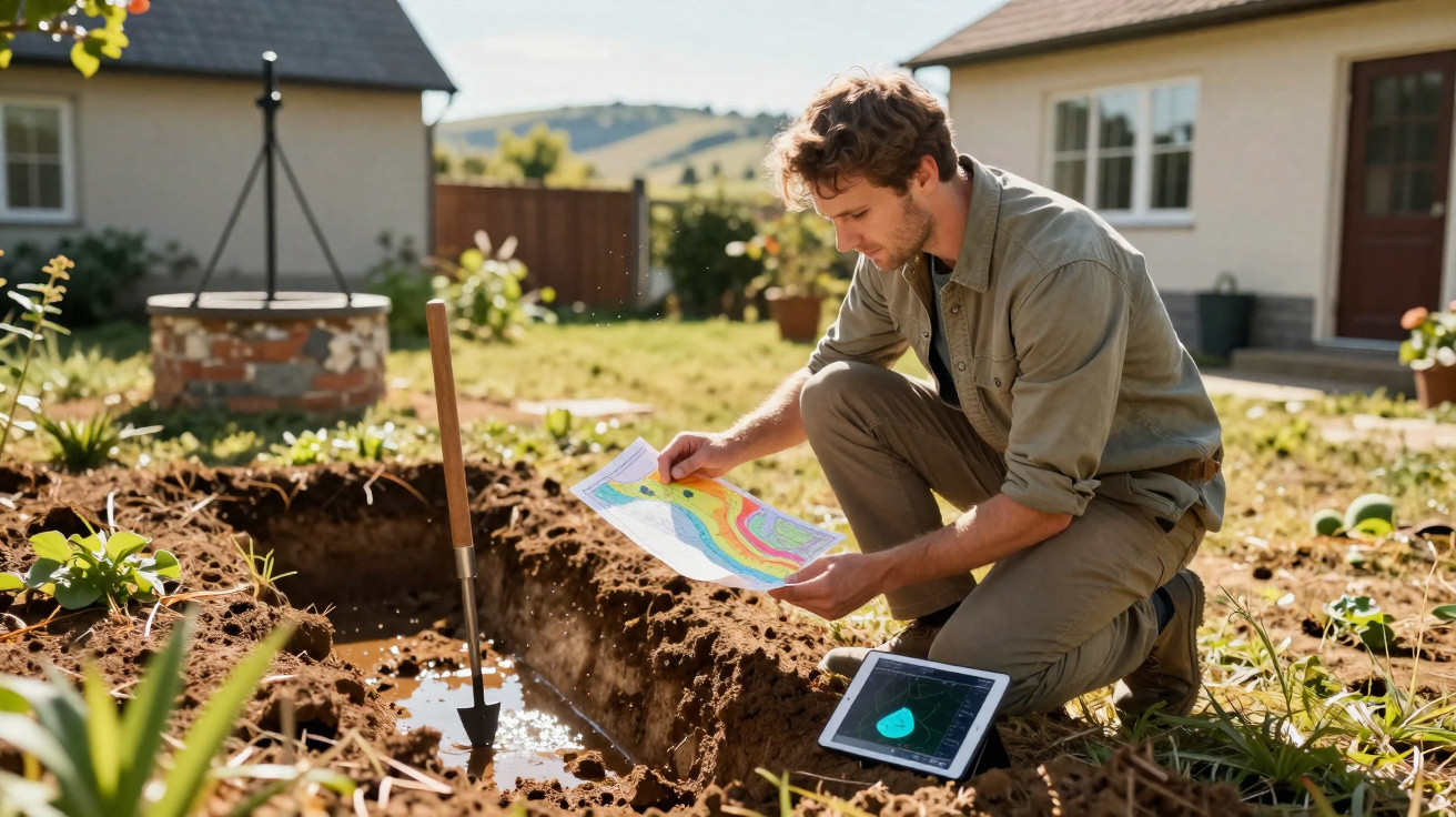 Man examining colour-coded soil map while kneeling beside water-filled trench in garden with tablet nearby.