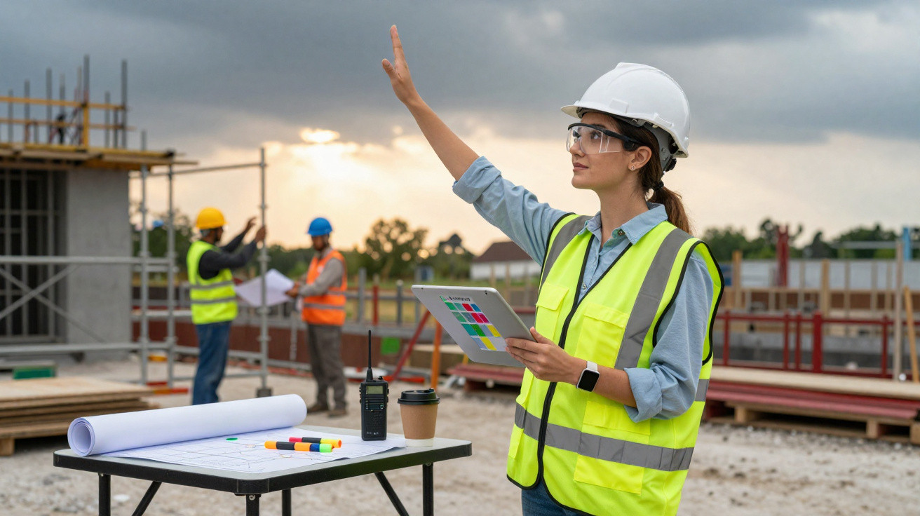 Female construction worker in a high-visibility vest and hard hat raising her hand at a building site.