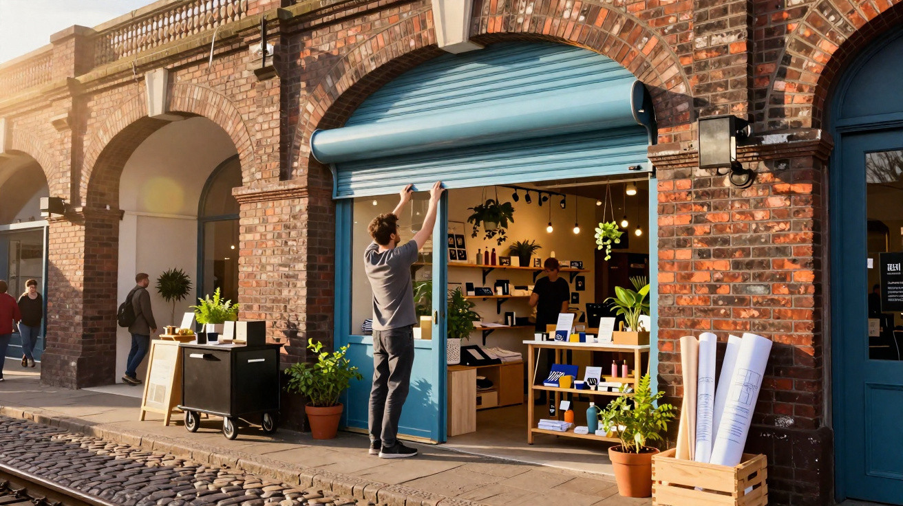 Man opening blue roller door of a shop in a brick arcade with plants and display tables outside.