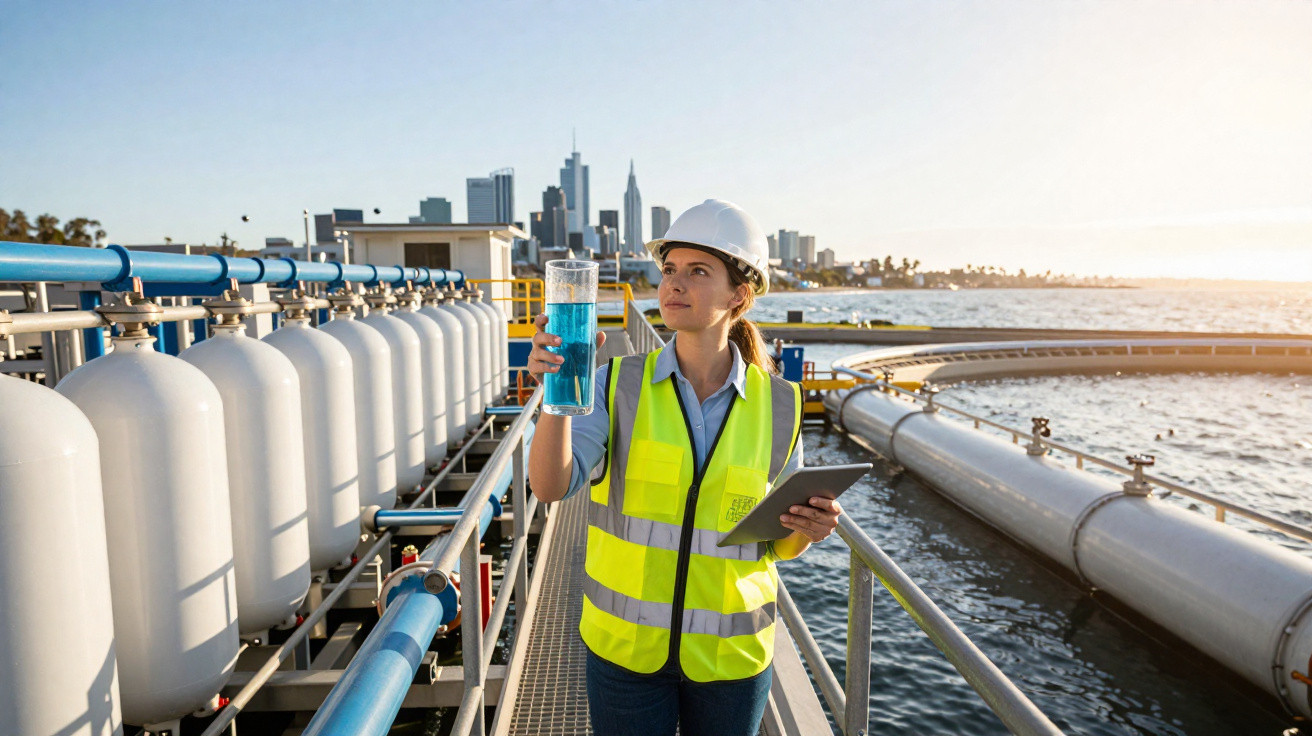 Female engineer in high-visibility vest and hard hat inspecting water quality sample at water treatment plant by the sea.