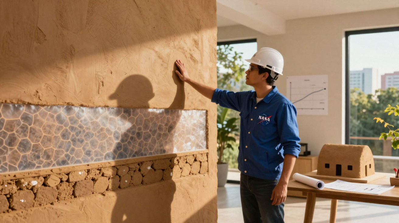Engineer in a hard hat examining a textured wall inside a bright office space with architectural models.