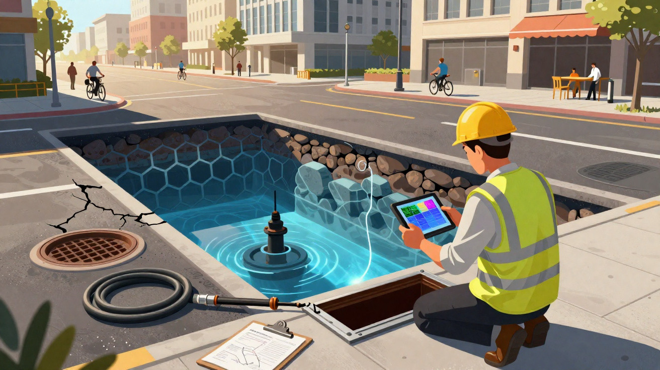 Engineer in a high-visibility vest using a tablet to inspect a flooded underground city tunnel on a street.