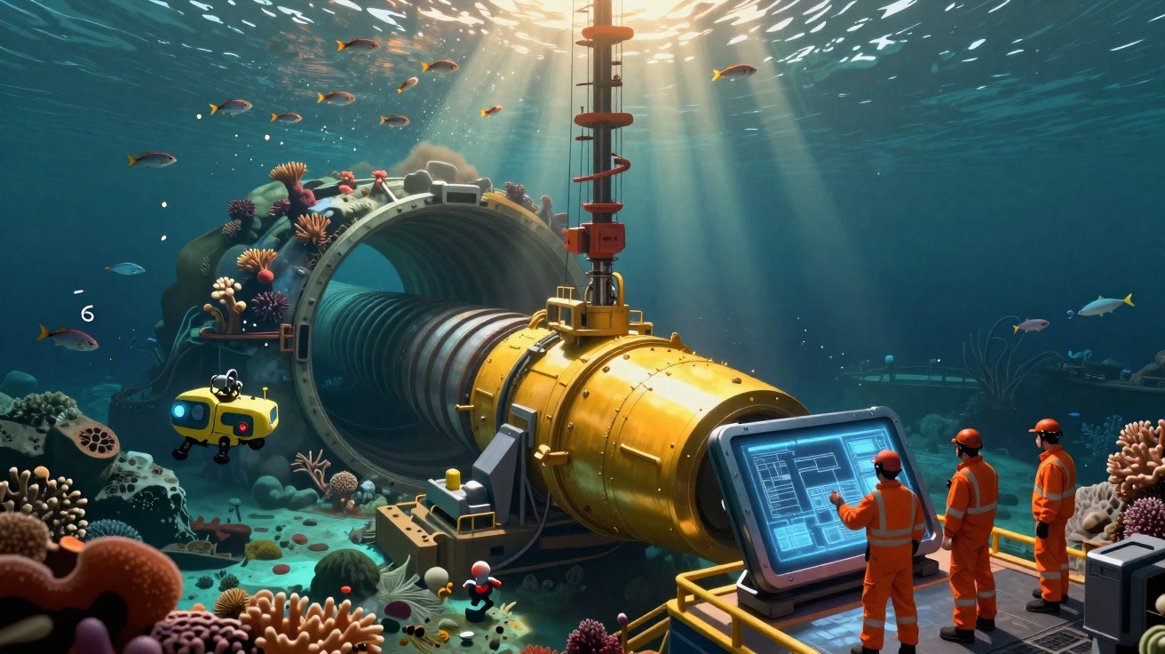 Underwater tunnel construction with workers in orange suits monitoring a large yellow machine and robotic submersible.