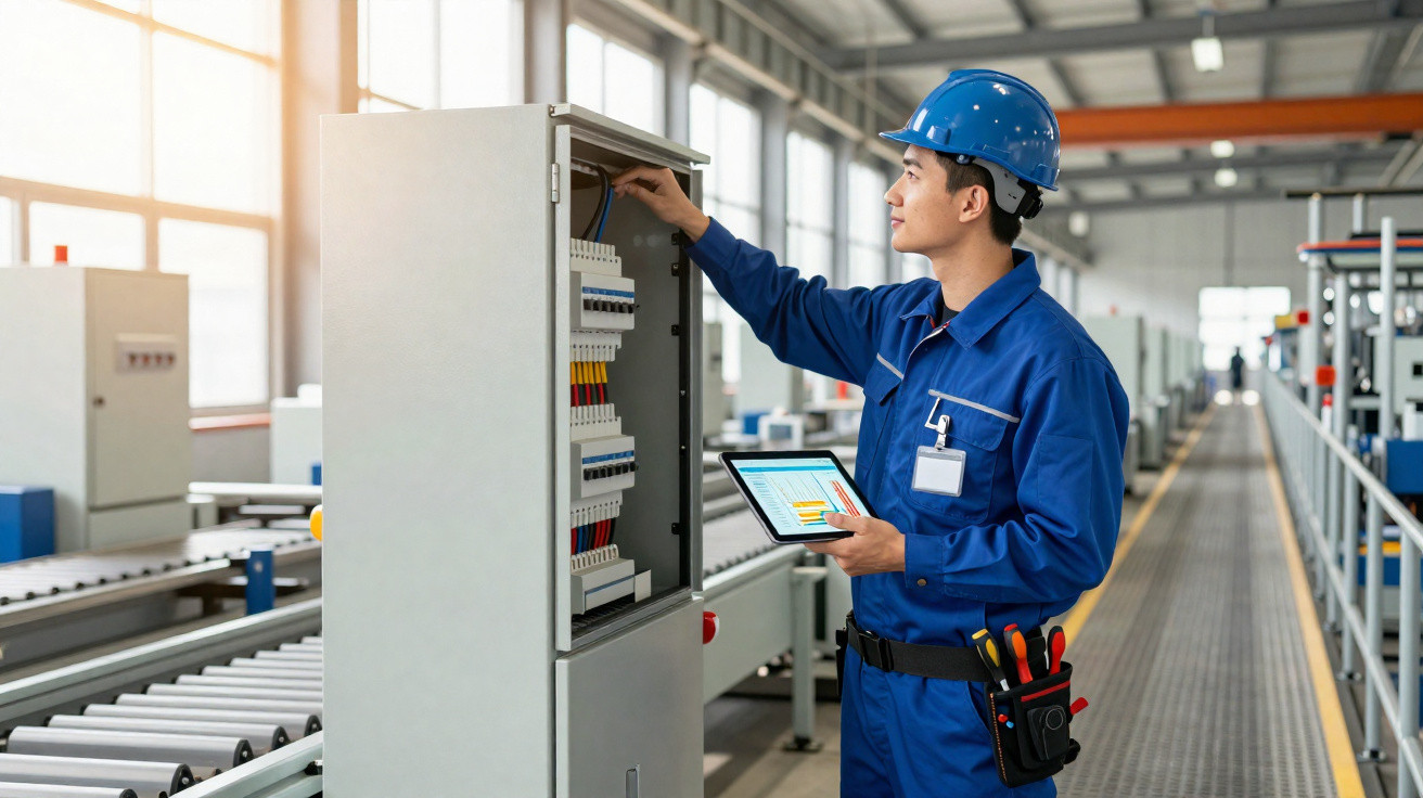 Engineer in blue uniform and helmet inspecting electrical control panel in a modern industrial factory.