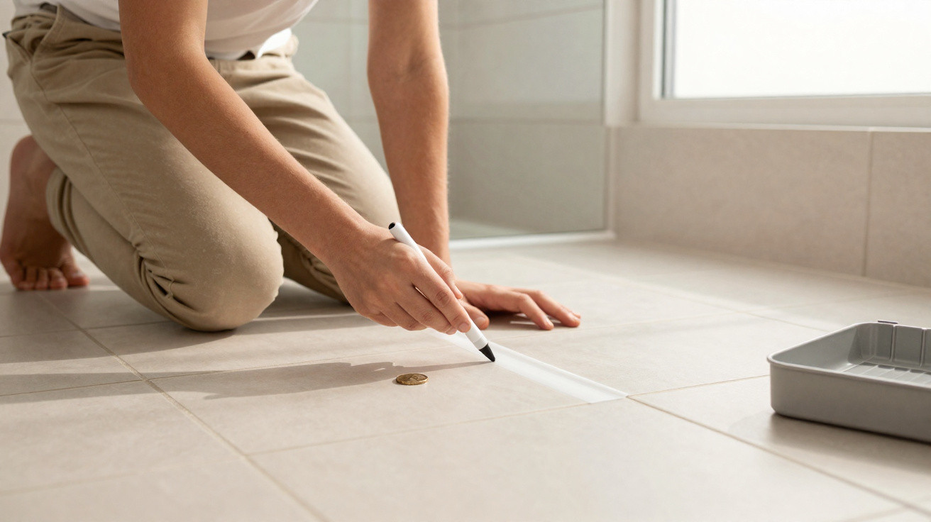 Person kneeling on tiled floor marking a tile with a pen near a coin and a paint tray.