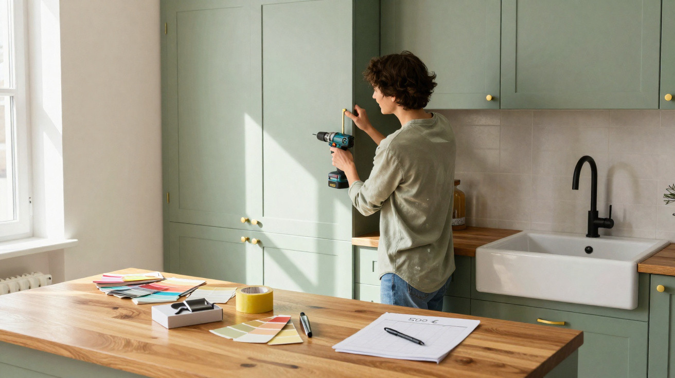 Person using electric drill to install handle on green kitchen cabinet door in modern kitchen.