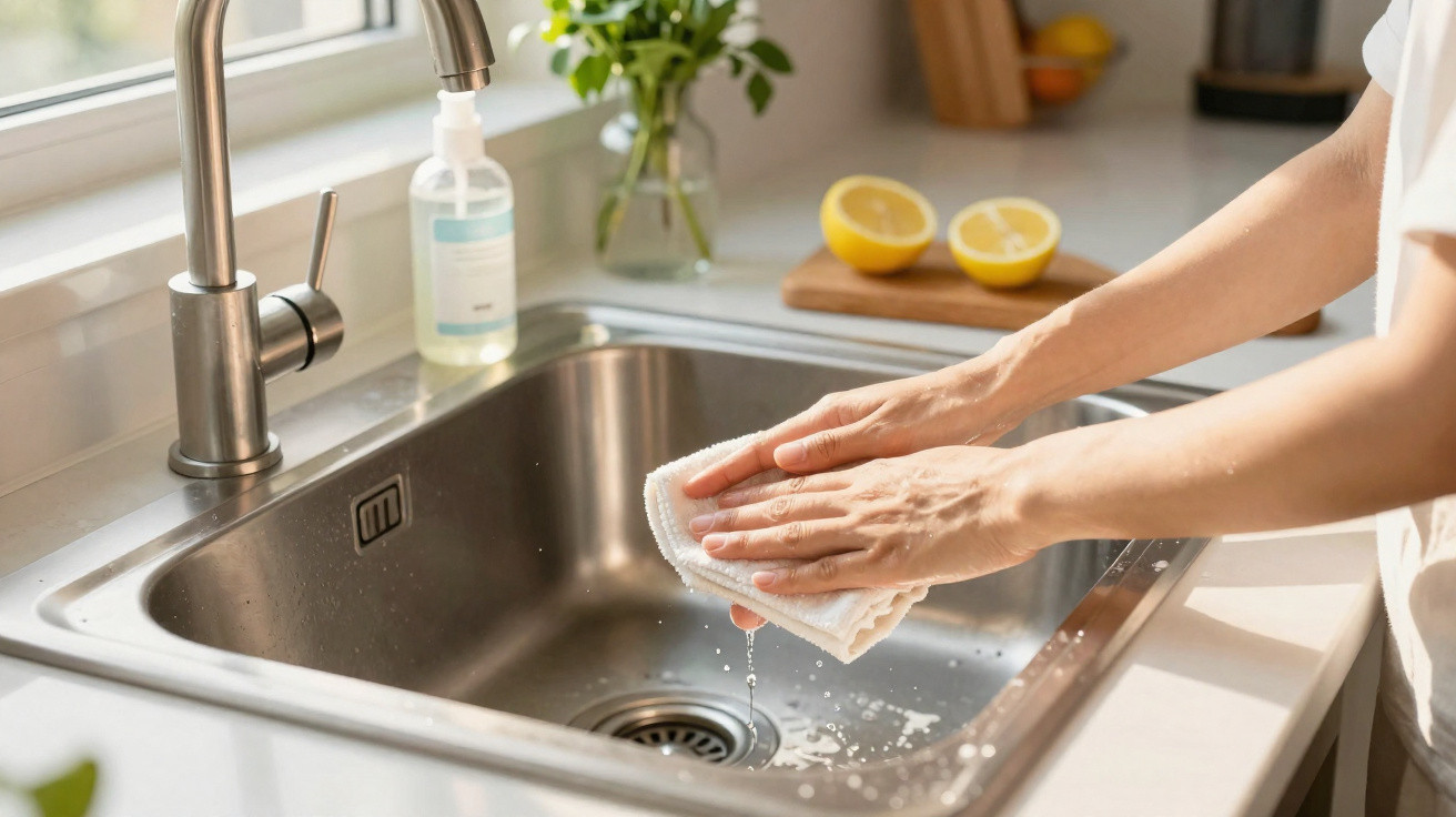Person rinsing a white cloth over a modern kitchen sink with lemon halves in the background.