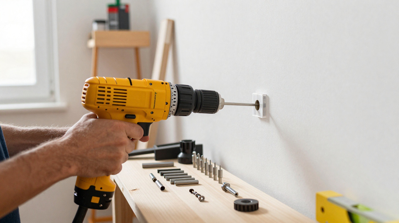Person using a yellow electric drill to install or remove a wall fixture with tools laid out on a wooden surface nearby