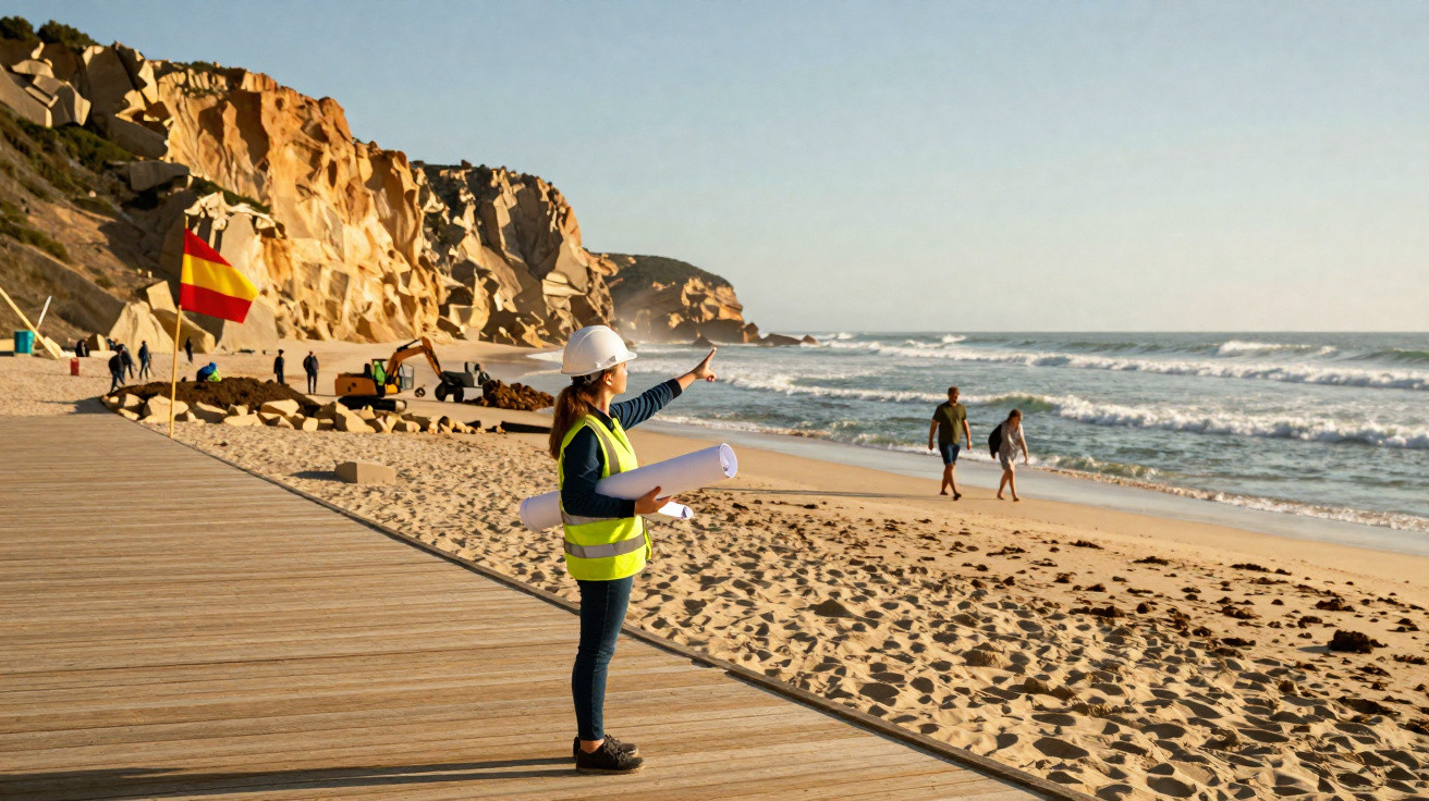 Construction worker in helmet and vest holding blueprints points towards the sea with two people walking on the beach.