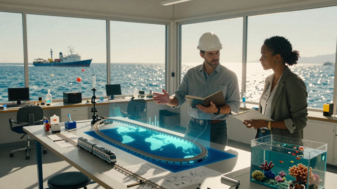 Two professionals discuss a futuristic train model with a world map display near a window overlooking the sea and a ship.