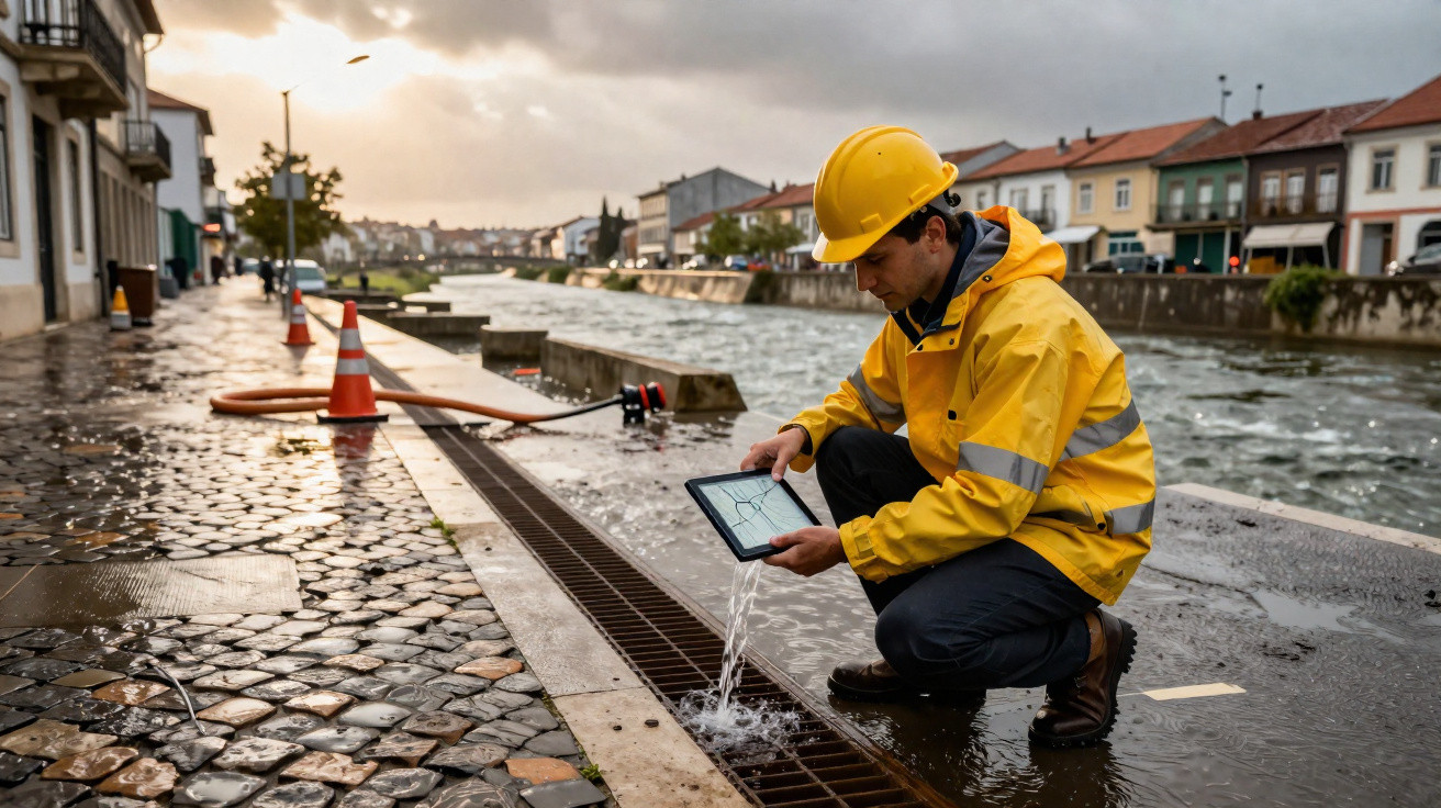 Engineer in yellow rain gear checks drainage water flow by flooded riverside street with cones and houses.