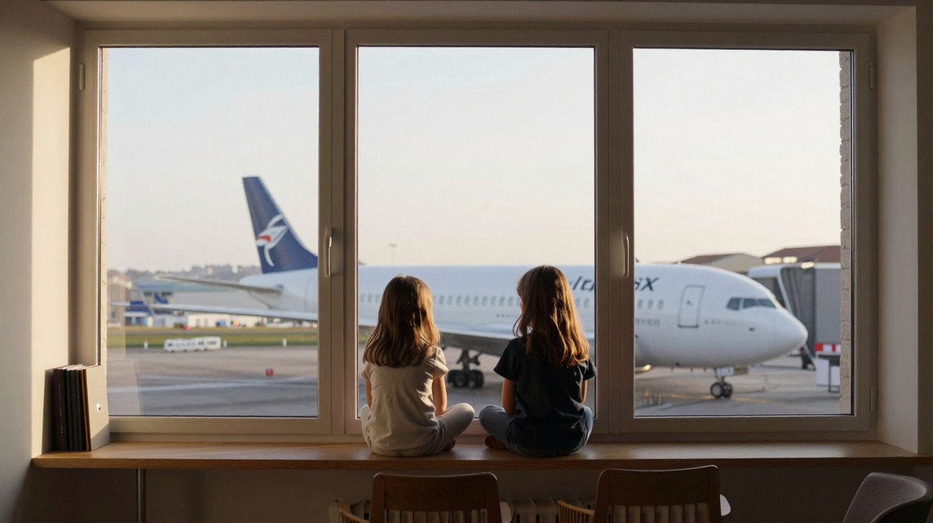Two children sitting on a windowsill watching an airplane parked at the airport in the evening light.