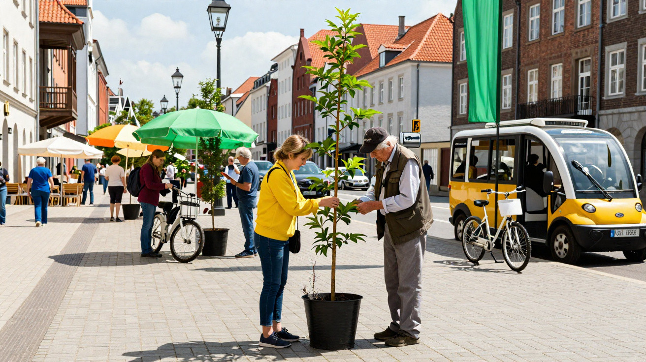Two people inspecting a young tree in a pot on a busy pedestrian street with bicycles and parked vehicles nearby.
