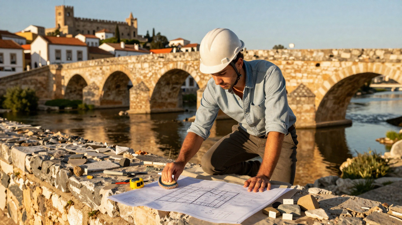 Male architect in a hard hat reviewing blueprints outdoors near a historic stone bridge over water.