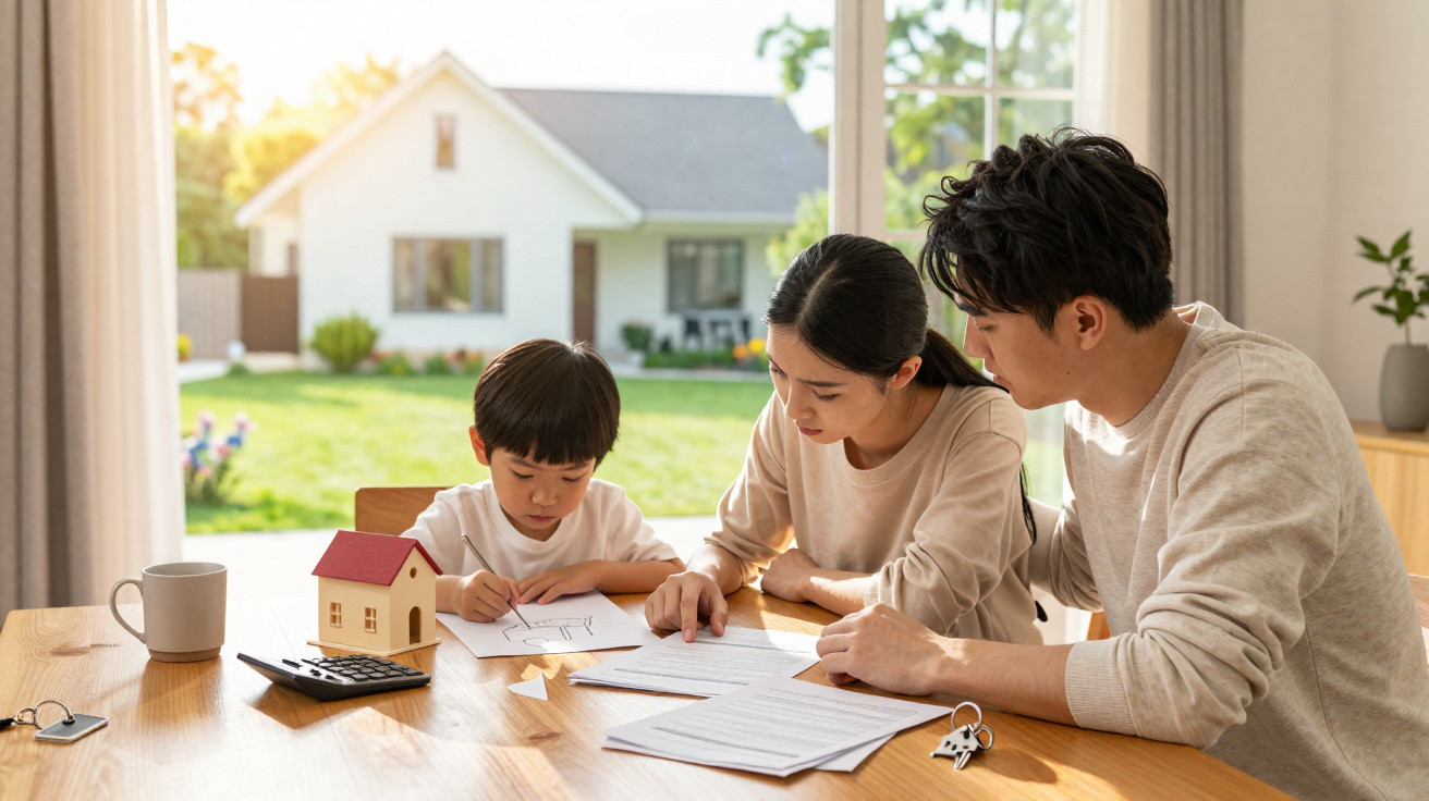 Family of three reviewing documents at a table with house model and keys, bright home interior in background.
