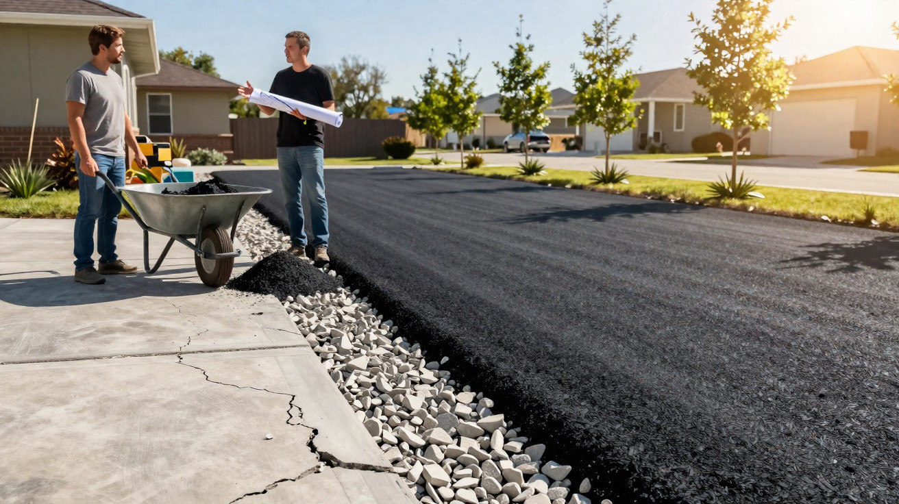 Two men discussing plans beside a freshly paved road in a suburban neighbourhood at sunset.