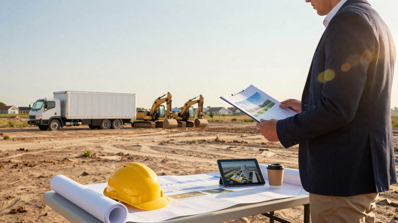 Man in suit reviewing blueprints at a construction site with machinery, truck, and hard hat on table.