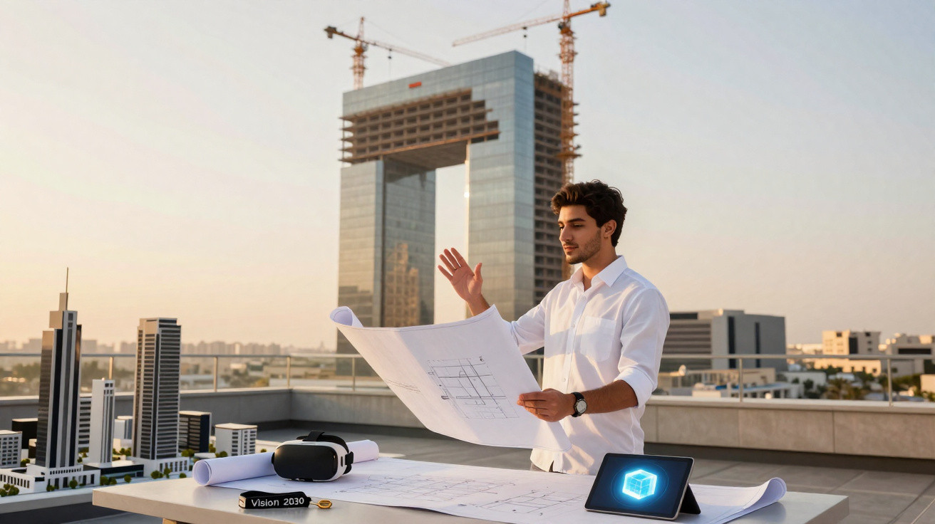 Architect reviewing blueprints outdoors with cityscape and large modern building under construction in background.
