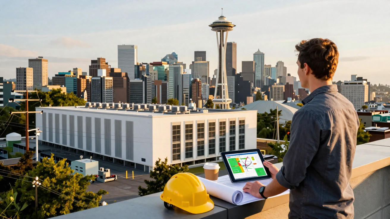 Engineer overlooking Seattle skyline with tablet, hard hat, blueprints, and coffee on rooftop ledge.