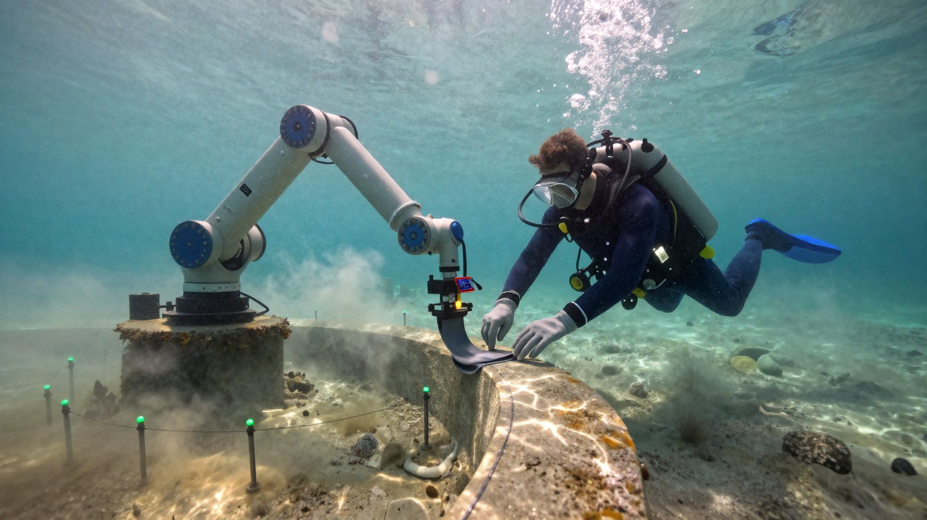 Diver operating underwater robotic arm near a submerged circular structure on the ocean floor.