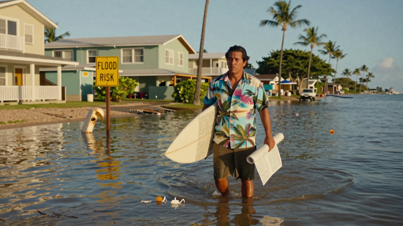 Man holding surfboard and rolled-up paper stands in floodwater next to houses with a flood risk sign.