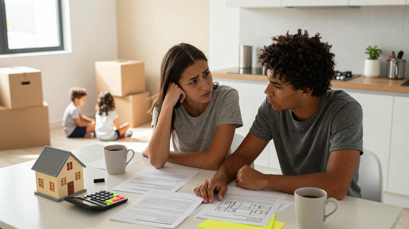 Worried couple discussing paperwork at a table with a model house, calculator, and children playing in the background.