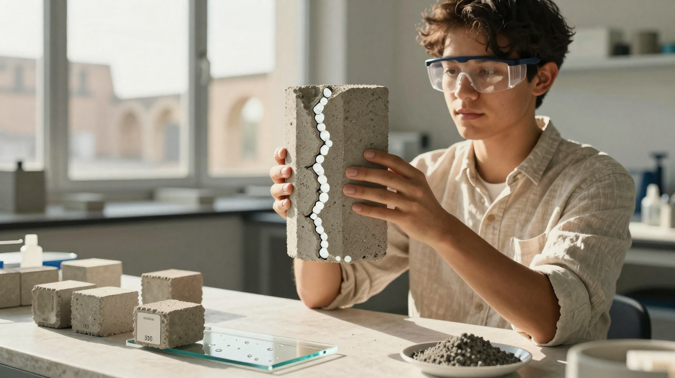 Young scientist in safety glasses examining concrete block with embedded sensors in a laboratory setting.