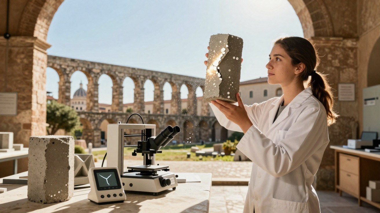 Scientist in a lab coat examining a cracked concrete block in a historic outdoor lab setting with scientific equipment.