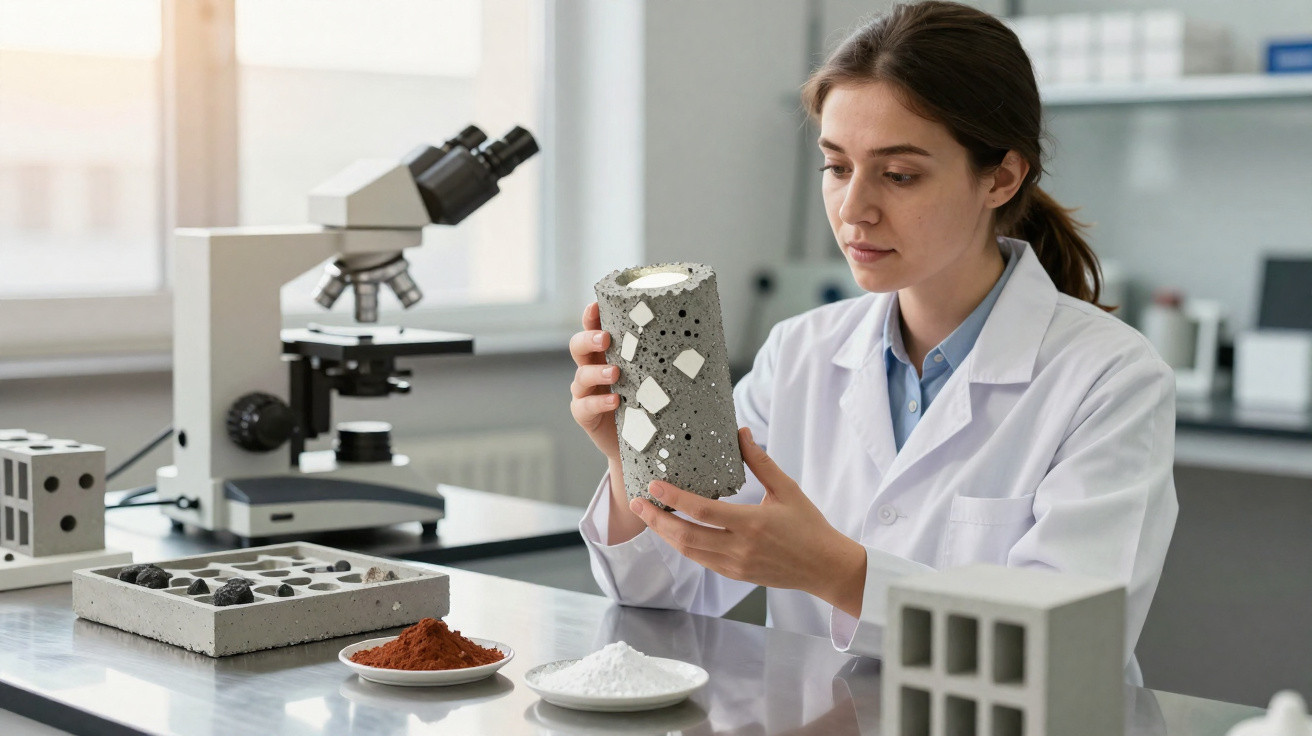 Scientist in a lab coat examining a concrete cylinder with embedded materials in a laboratory setting.