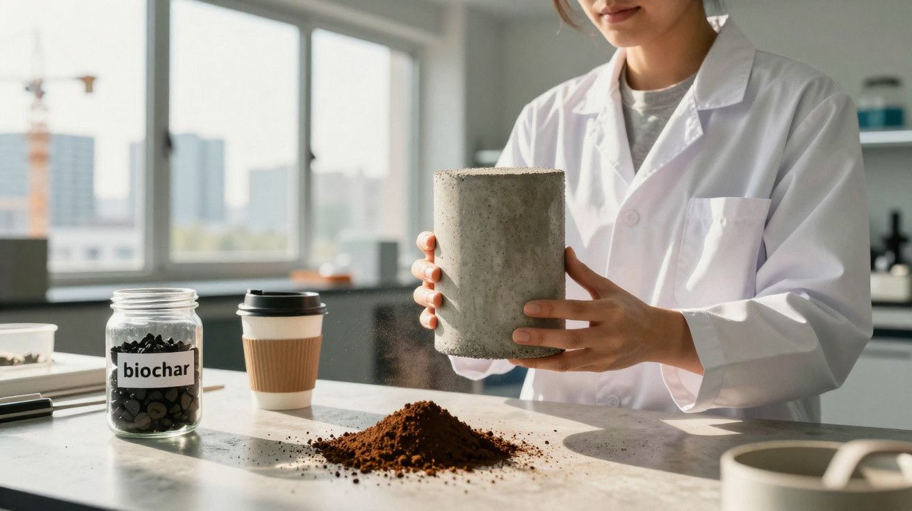Scientist in a lab coat examining a cylindrical concrete sample with biochar and soil on the table.