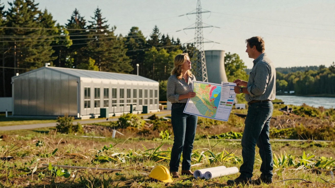 Two people outdoors discussing a map near a construction site with greenery and power lines in the background