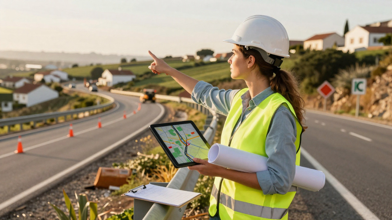 Female engineer in hard hat and hi-vis vest pointing at road, holding tablet and blueprint by highway under construction
