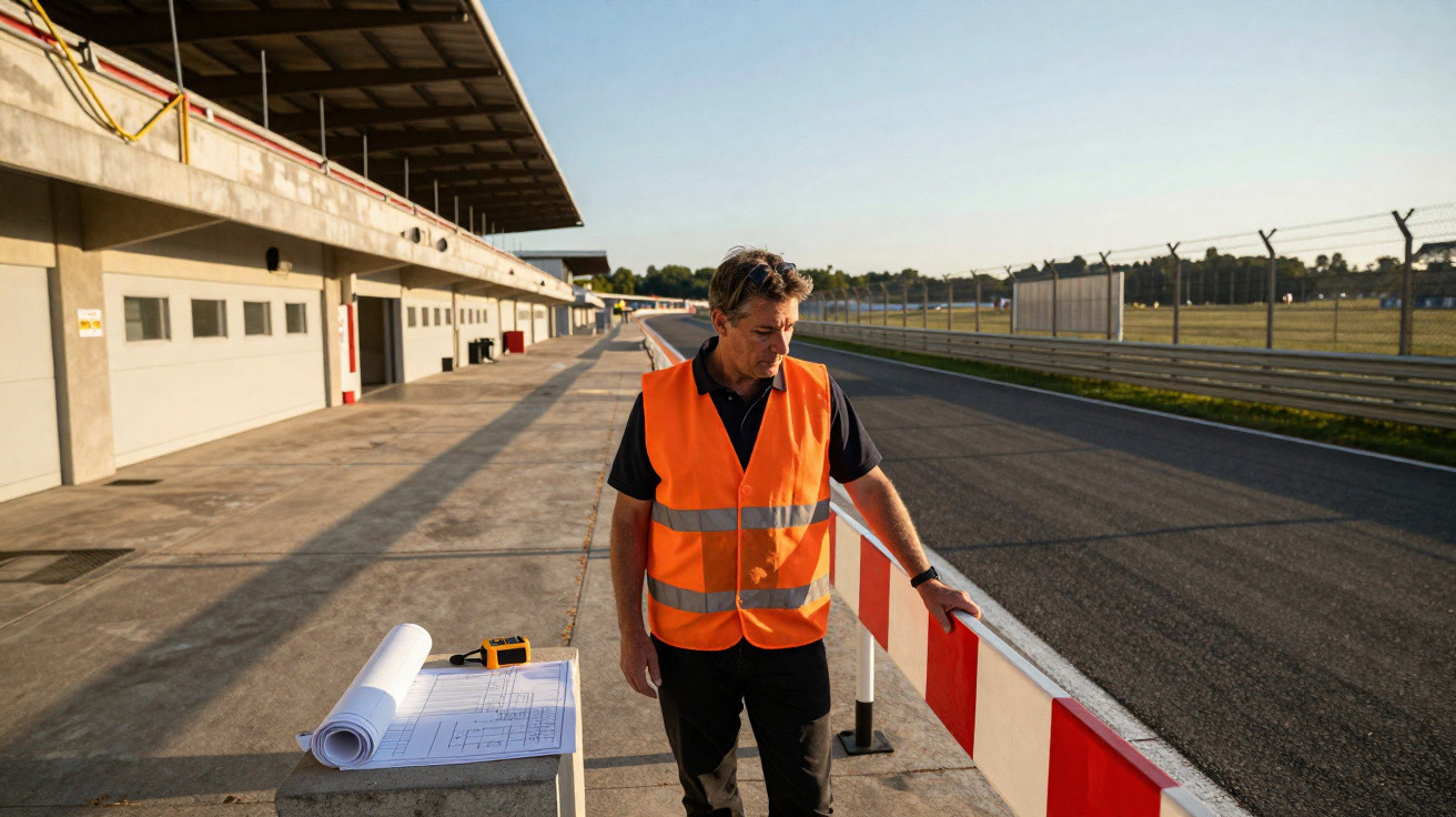 Man in orange safety vest standing by racetrack with blueprints on table under sunset light
