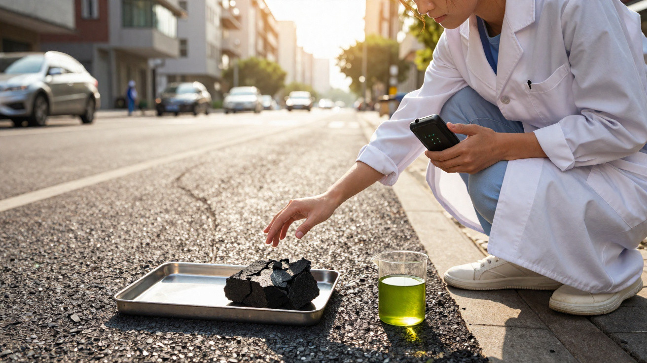 Scientist in lab coat examining black coal samples on tray with green liquid in beaker on city street.