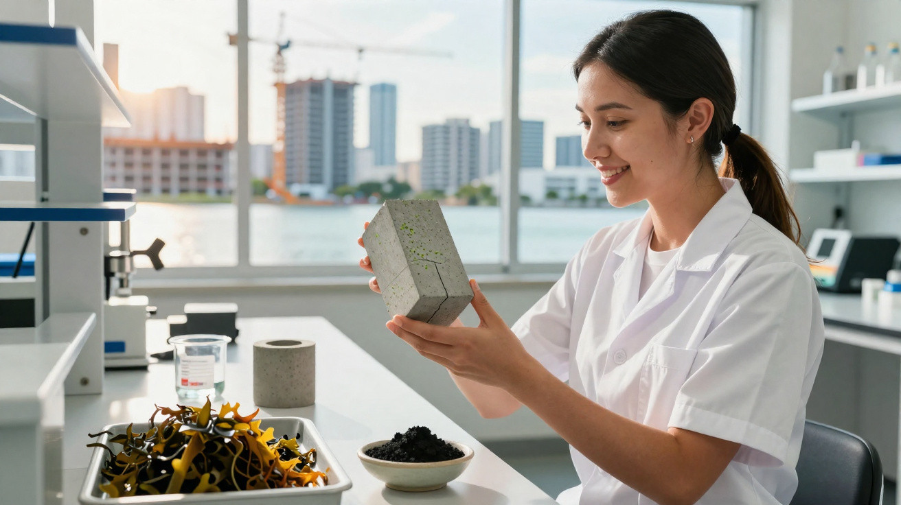 Scientist in lab coat examining a concrete block with soil and seaweed samples on the table beside her.