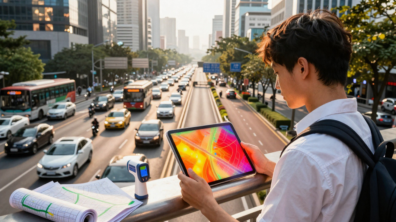 Young man using a tablet with a colourful map, overlooking busy city traffic on a sunny day.