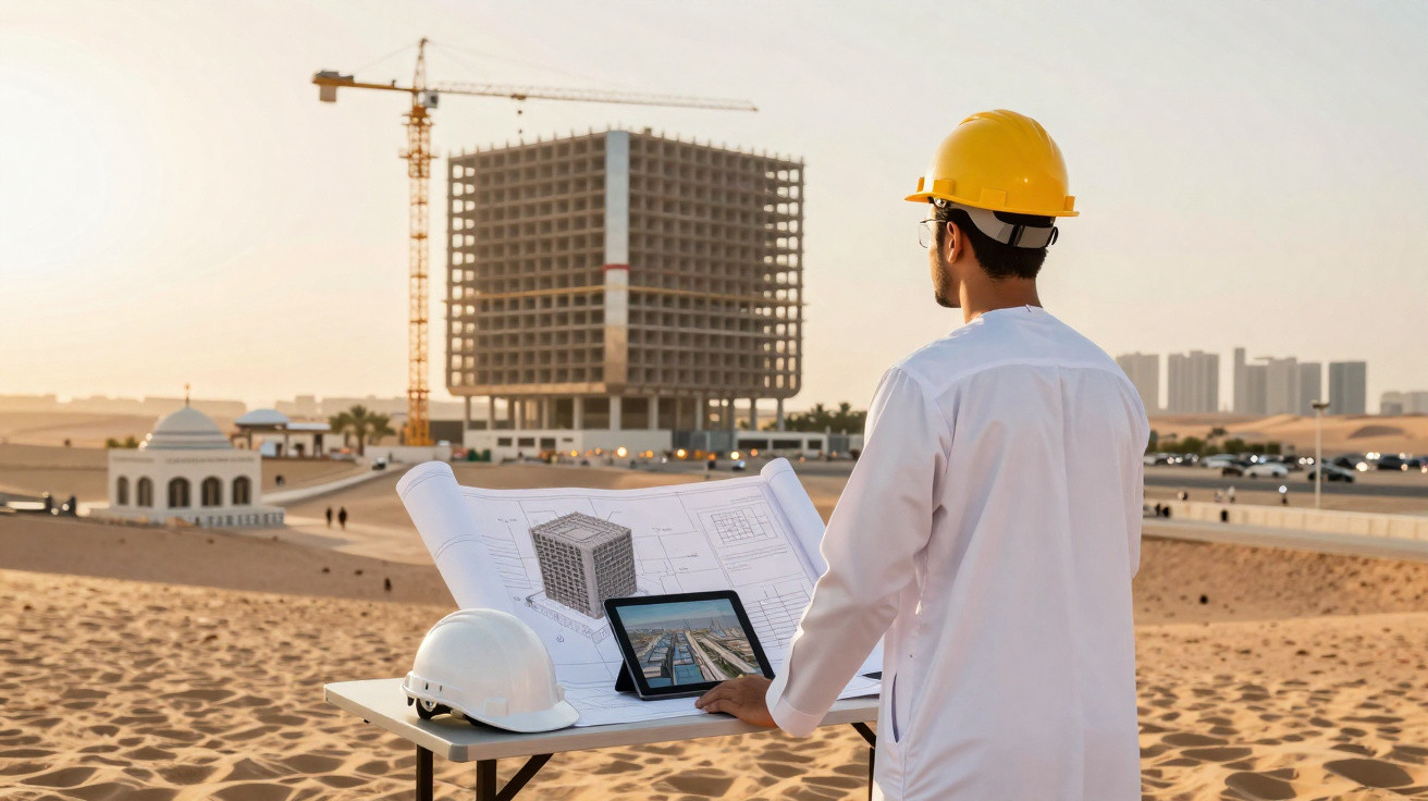 Engineer wearing a yellow hard hat reviewing building plans at a desert construction site with a tower crane.