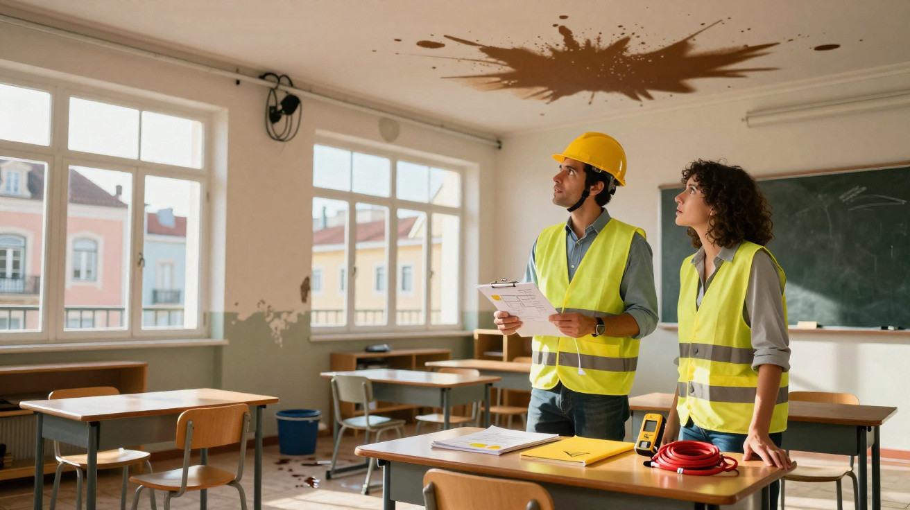 Two construction workers in high-visibility vests inspecting a ceiling water leak in a classroom.