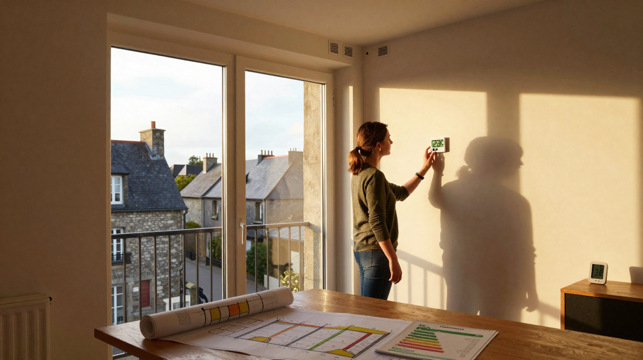 Woman adjusts thermostat on wall in bright room with table, documents, and outside view of stone houses.
