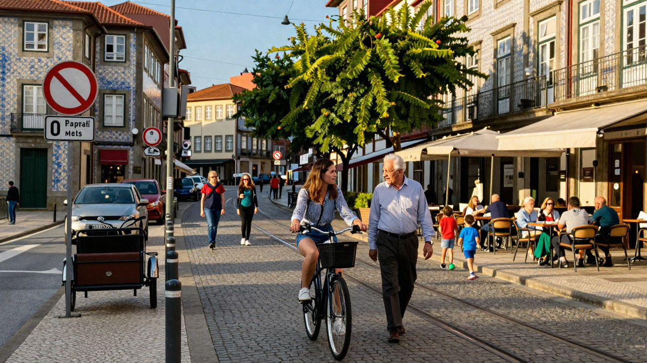 People walking and dining along a sunny cobblestone street lined with traditional buildings and a small tree.
