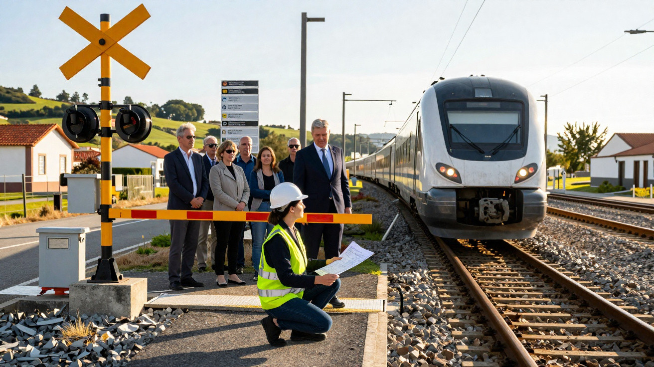 Engineer in high-visibility vest and helmet holding plans by railway crossing with people and a train approaching.