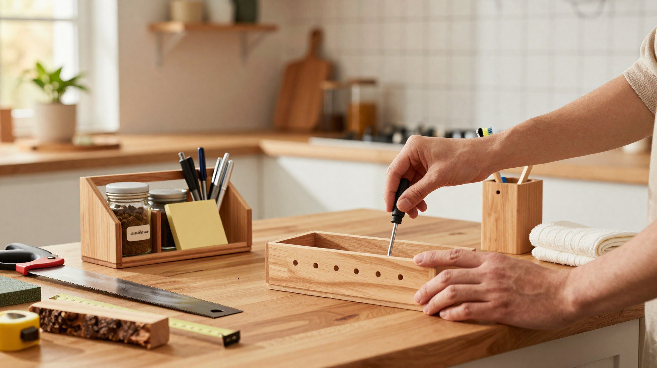 Hands assembling wooden parts with a screwdriver on a kitchen workbench with tools and stationery nearby.