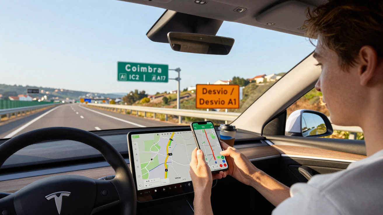 Person using smartphone and Tesla touchscreen for navigation on a highway near Coimbra, Portugal.