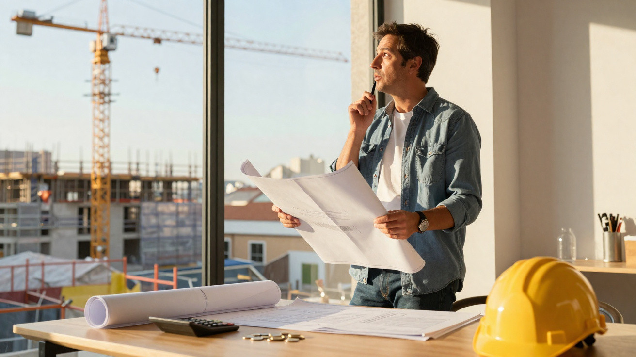 Man holding architectural plans, looking out window at construction site with crane, yellow hard hat on table.