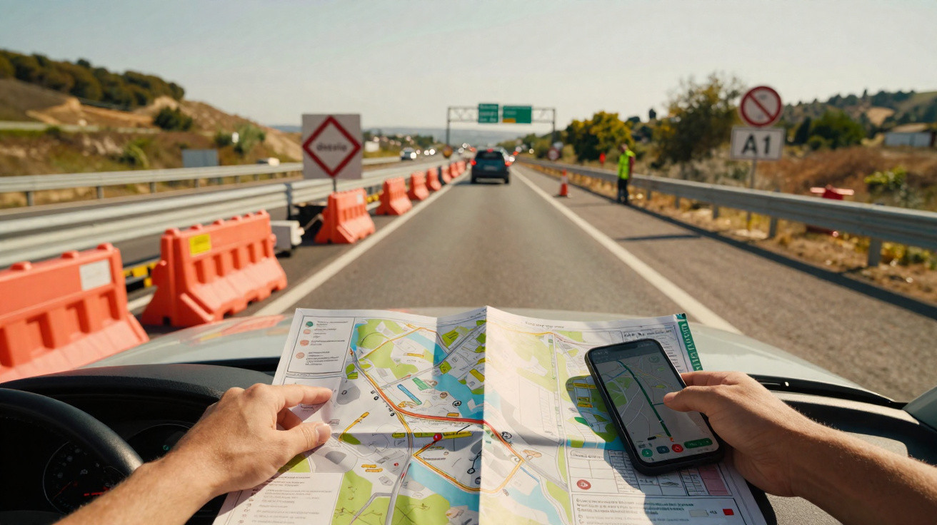Person holding a paper map and smartphone with navigation app inside a car on a motorway with roadwork barriers.