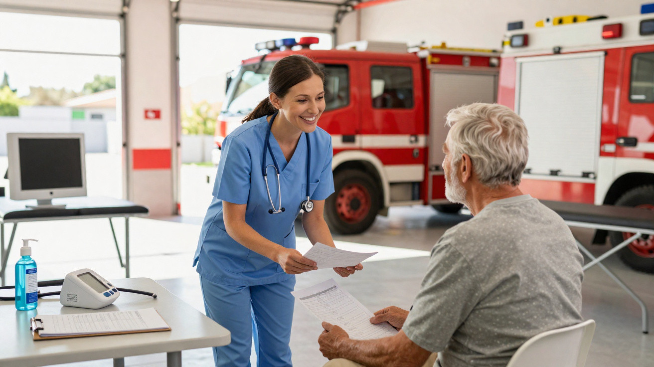 Nurse in blue scrubs handing documents to elderly man seated in front of fire truck inside fire station.