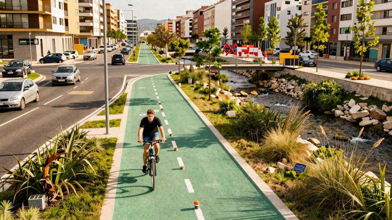 Cyclist riding on a green bike lane beside a road and a small stream in a modern urban area.