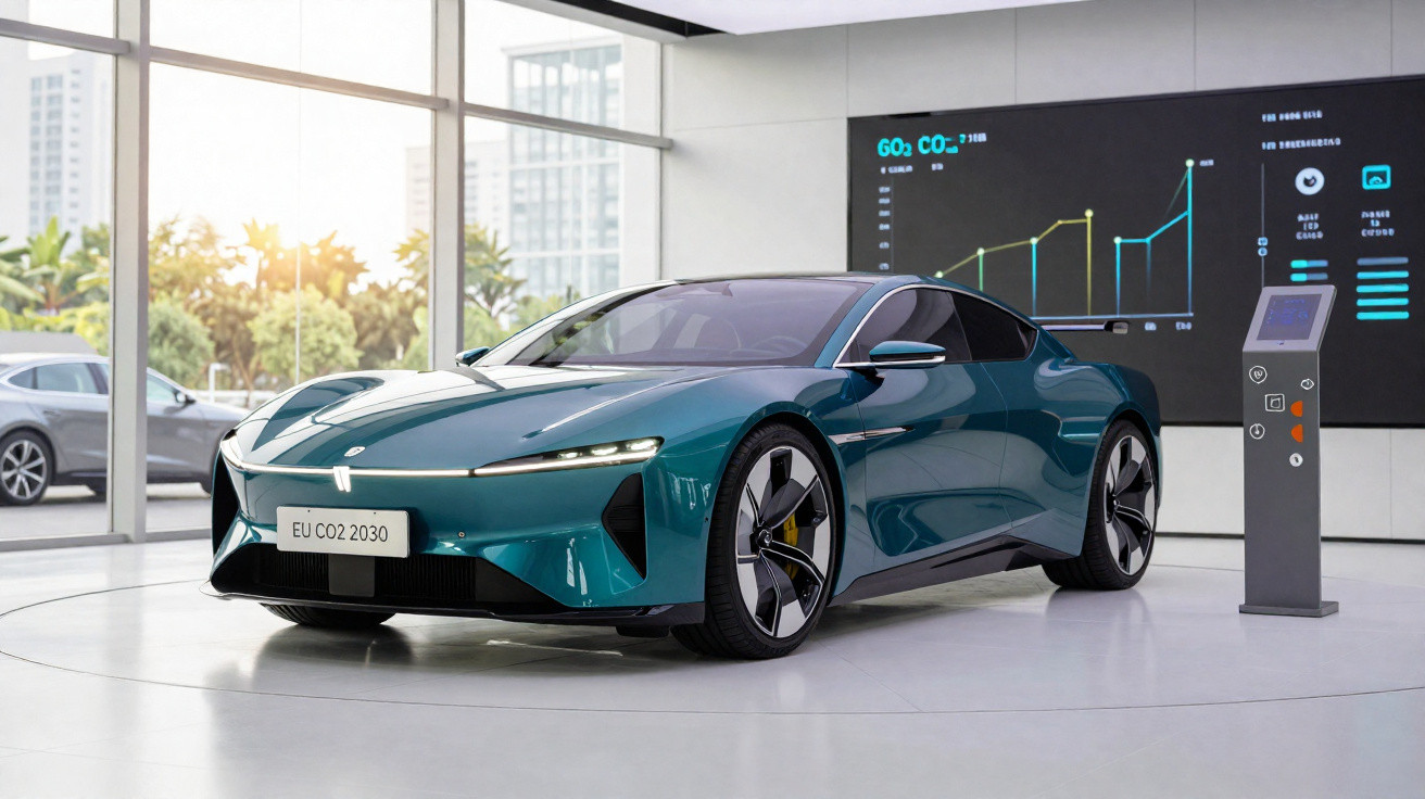 Sleek blue electric car displayed in a modern showroom with CO2 emissions graph on screen behind.