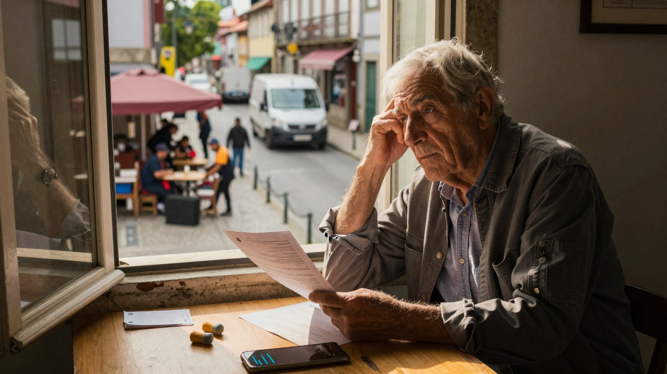 Elderly man sitting at table by open window, looking thoughtfully at documents in his hand.